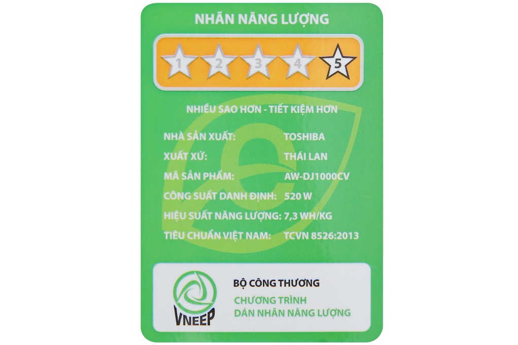 Máy giặt Toshiba Inverter 9 Kg AW-DJ1000CV SK - Nhãn năng lượng Đánh giá tổng quan máy giặt Toshiba Inverter 9 Kg AW-DJ1000CV SK > Máy giặt Toshiba Inverter 9 Kg AW-DJ1000CV SK - Nhãn năng lượng