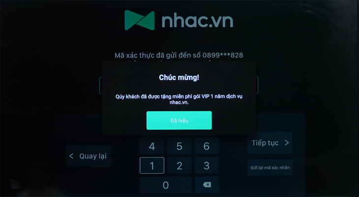 Cách kích hoạt gói khuyến mãi nhac.vn trên tivi TCL > kết quả sau khi nhập mã xác thực