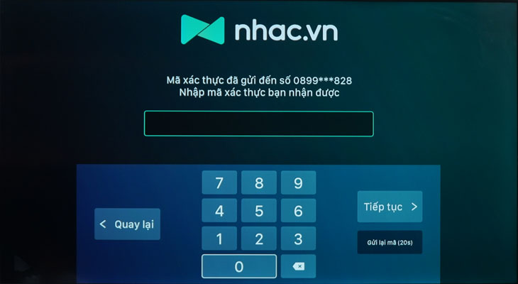 Cách kích hoạt gói khuyến mãi nhac.vn trên tivi TCL > tiến hành nhập mã xác thực