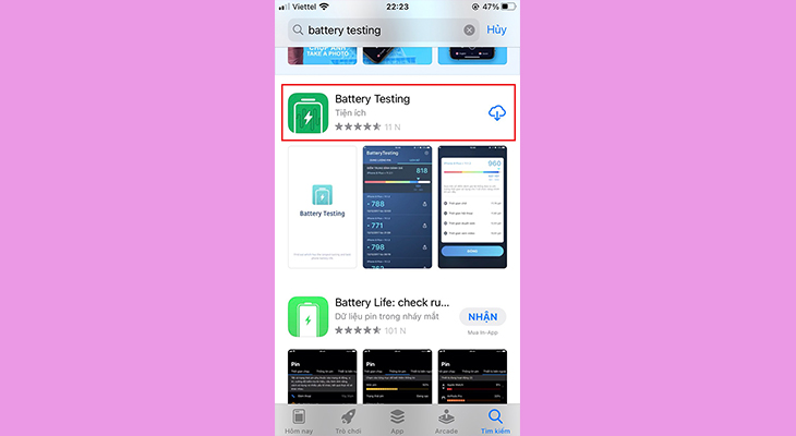 Kiểm tra bằng cách sử dụng app Battery Testing trên Appstore