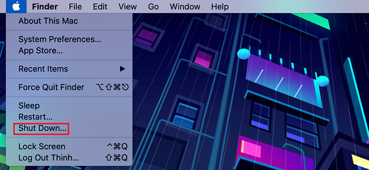 tắt máy ảo, chọn logo Apple, sau đó chọn Shut Down