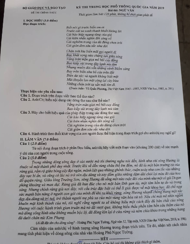 Đề thi môn văn THPT 2019