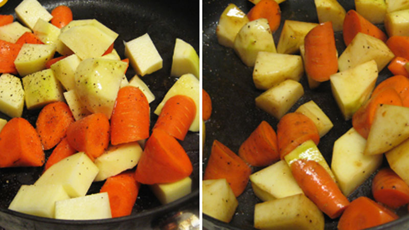 Sau đó cho cà rốt, khoai tây và hành tây vào cùng với một ít đường, muối, nước mắm xào trong 3 - 4 phút.