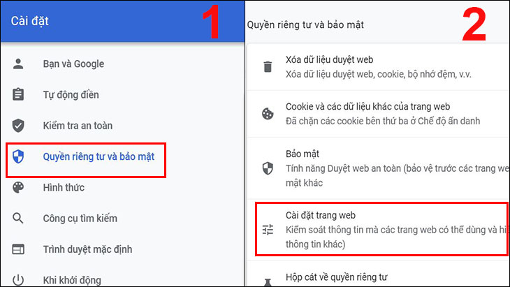 Tại mục Quyền riêng tư và bảo mật (Privacy and security), chọn Cài đặt trang web (Site settings)