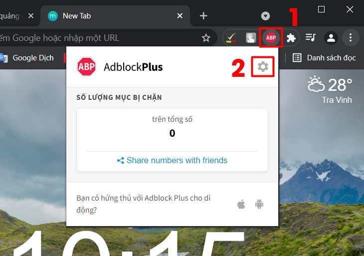 Chọn vào biểu tượng cài đặt Adblock Plus