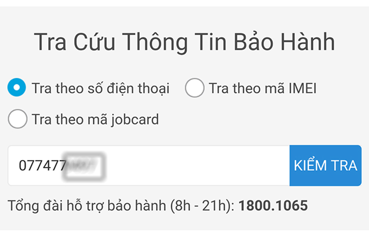 Tra cứu thông tin bảo hành bằng số điện thoại mua hàng