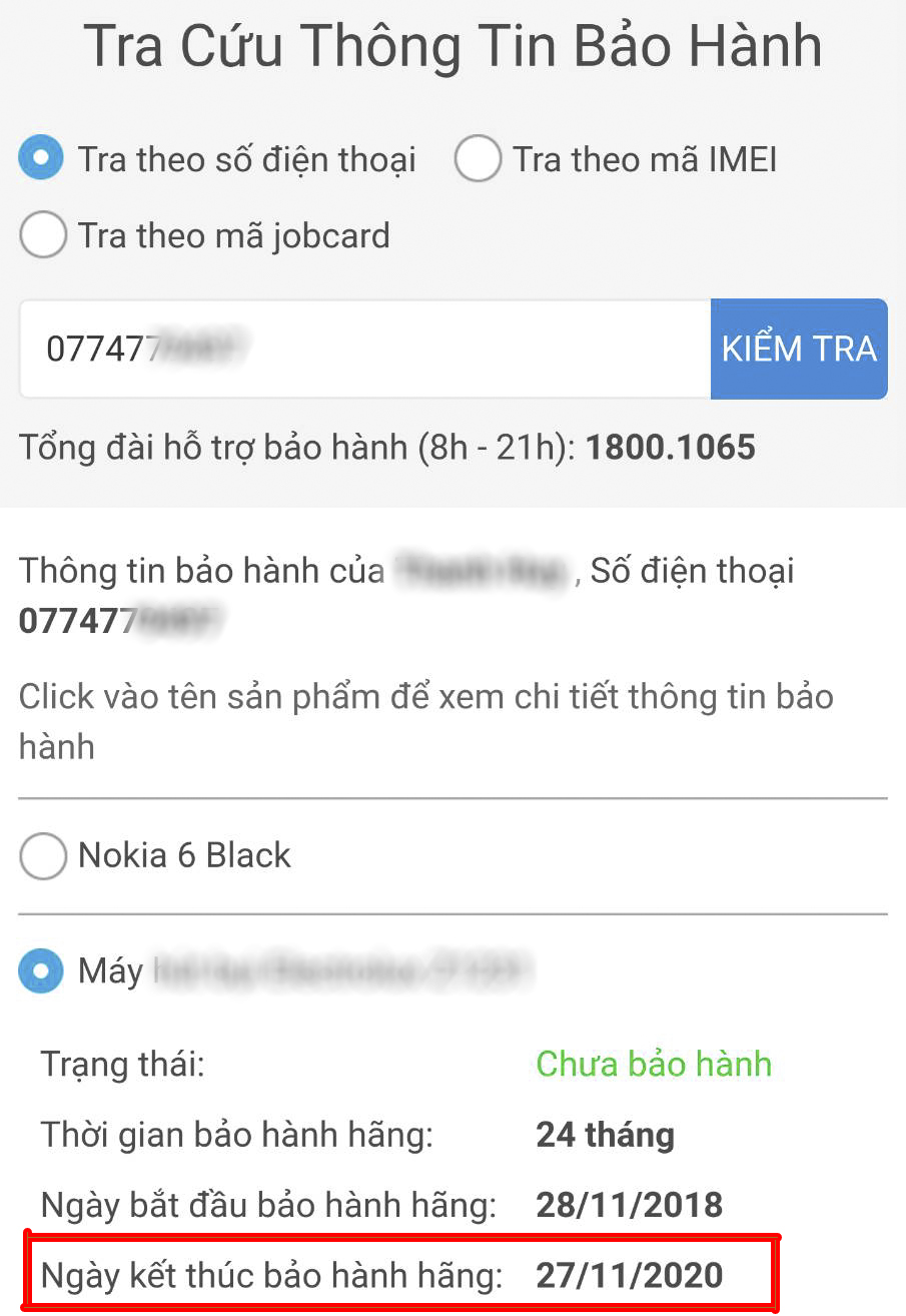 Tra cứu thông tin bảo hành bằng số điện thoại mua hàng