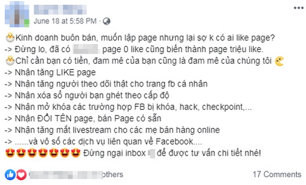 Những lời rao về mua bán Like, mở khóa tài khoản... đều vi phạm chính sách của Facebook. Những lời rao về mua bán Like, mở khóa tài khoản... đều vi phạm chính sách của Facebook.