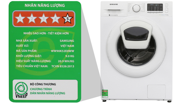 Nhãn năng lượng máy giặt - Máy giặt Samsung Inverter 9 kg WW90K52E0WW/SV