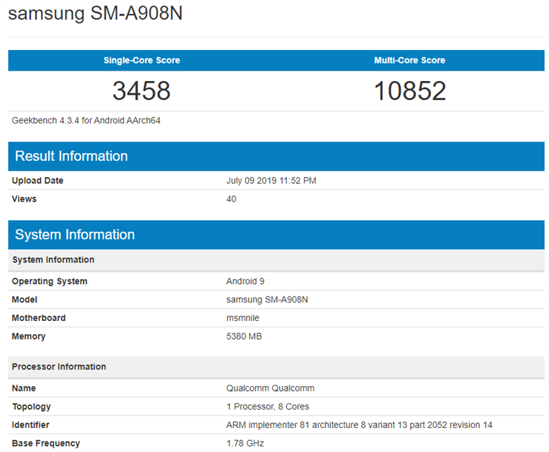 Galaxy A90 5G dùng chip Snapdragon 855 xuất hiện trên Geekbench Galaxy A90 5G dùng chip Snapdragon 855 xuất hiện trên Geekbench