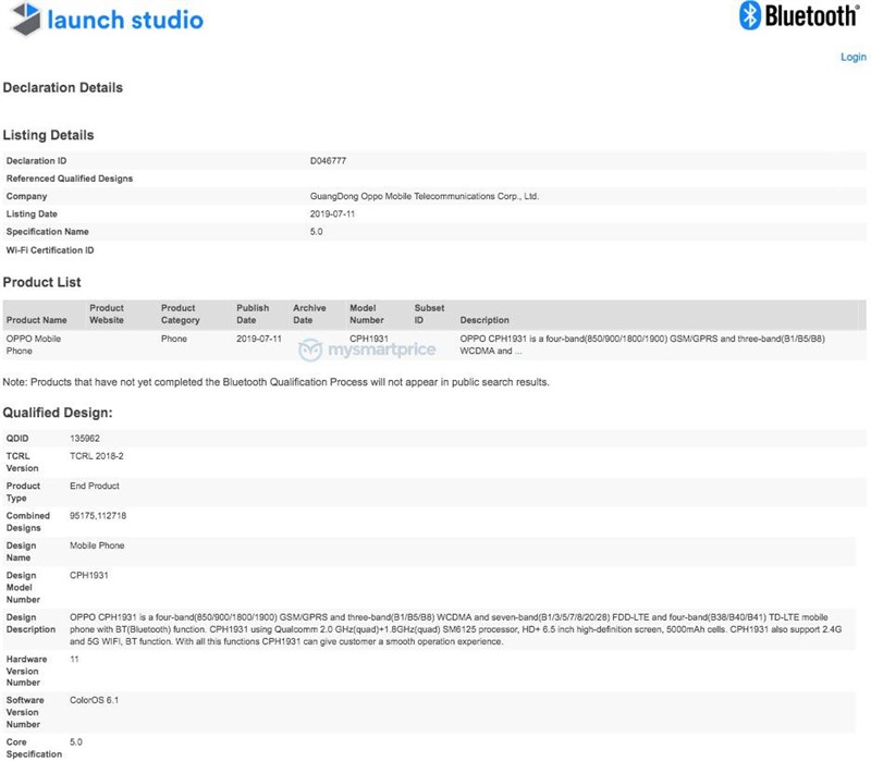 CPH1931 được Bluetooth SIG chứng nhận