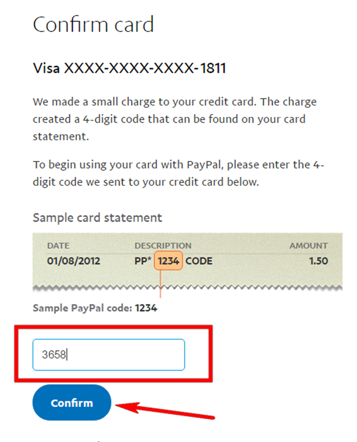 Điền 4 số digit-code để xong quá trình Verify thẻ VISA với tài khoản PayPal