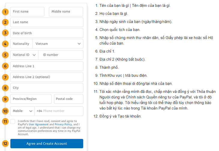 Thiết lập các thông tin các nhân để đăng kí tài khoản PayPal.