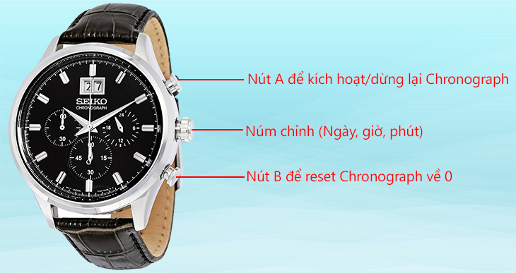 Thiết kế 3 nút bấm của đồng hồ Chronograph
