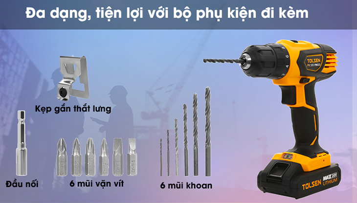 Máy khoan pin Tolsen 79033 20V tiện lợi với bộ phụ kiện đi kèm