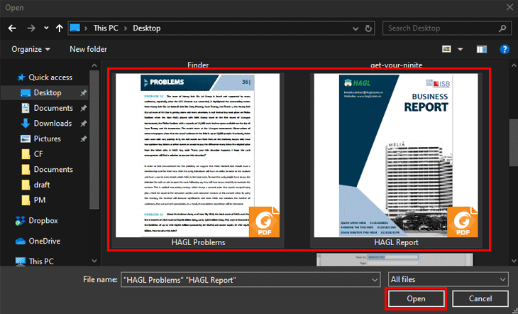 Chọn tệp PDF để hợp nhất và nhấp vào Mở để bắt đầu tải lên