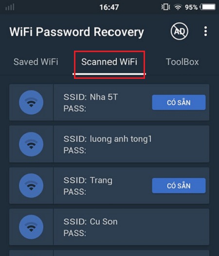 Vào mục Scanned Wifi để xem mật khẩu wifi.