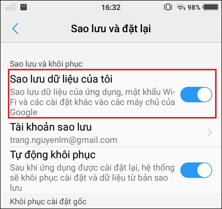 Kích hoạt chế độ Sao lưu dữ liệu của tôi.