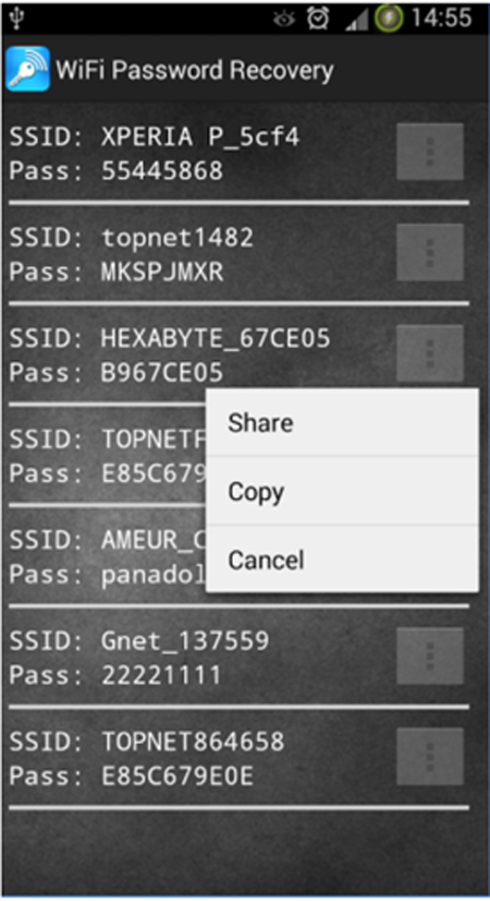 Cham vao truy cap Wifi ma ban muon xem lai mat khau, chon Copy de sao chep mat khau