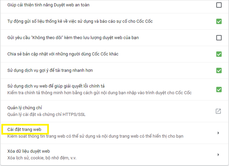 chọn Cài đặt trang web