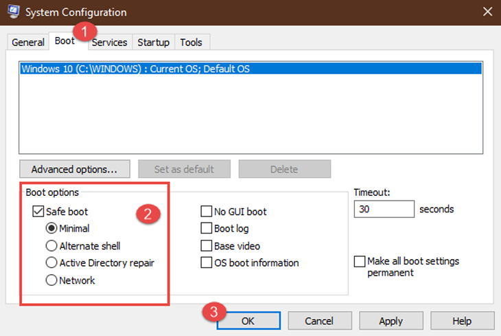 chọn Safe boot. Nhấn OK