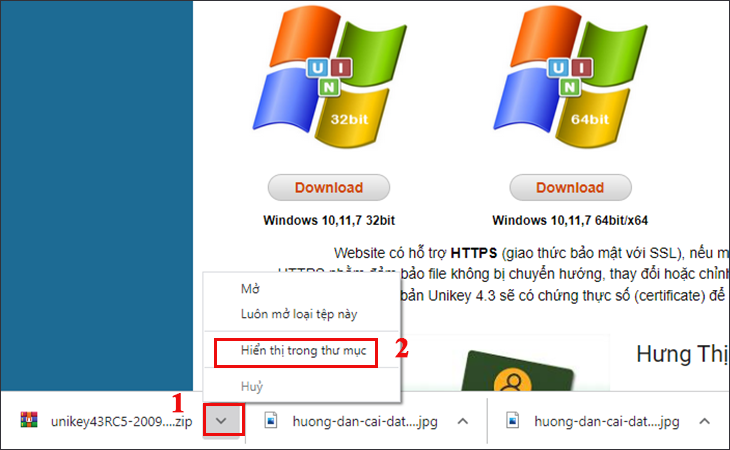 Cách cài tiếng Việt trên Windows 10 đơn giản, dễ thực hiện > Sau đó bạn chọn Hiển thị trong thư mục.