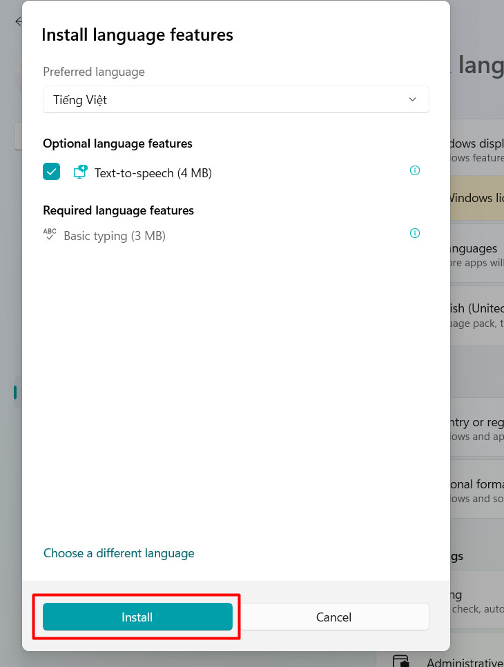 Tại cửa sổ Install language features, bạn hãy chọn Install.