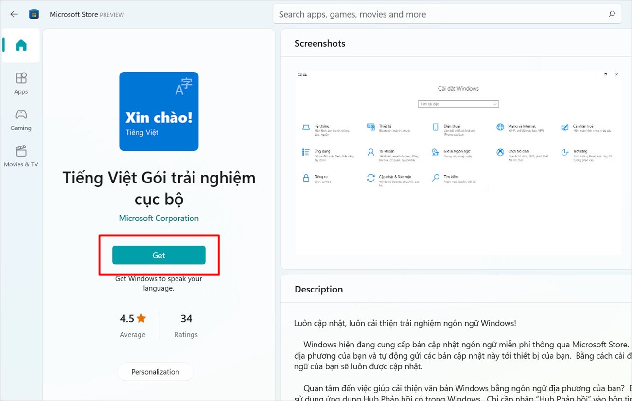 Tìm kiếm ứng dụng Tiếng việt - Gói tải nghiệm cục bộ và chọn Get