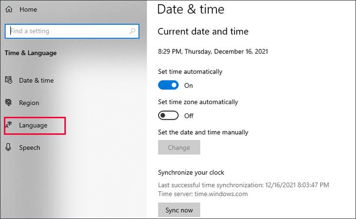 Cách cài tiếng Việt trên Windows 10 đơn giản, dễ thực hiện > Trong cửa sổ Time & Language, bạn chọn mục Language.