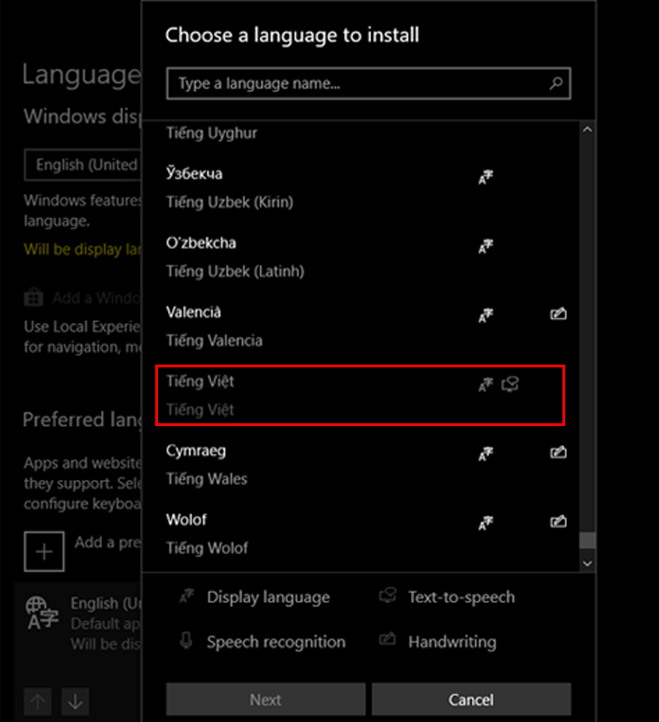 Chọn Tiếng Việt (Vietnamese) để thêm vào