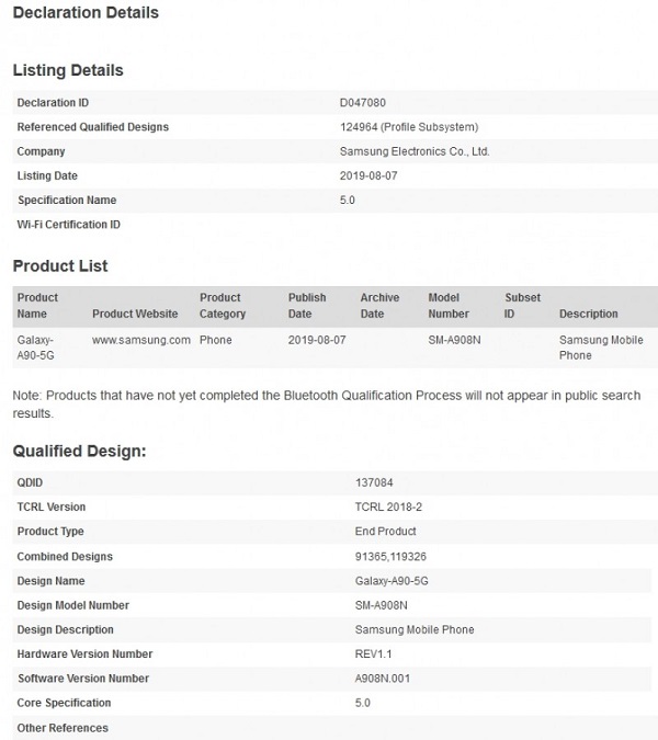 Samsung Galaxy A90 5G được chứng nhận Bluetooth Samsung Galaxy A90 5G được chứng nhận Bluetooth