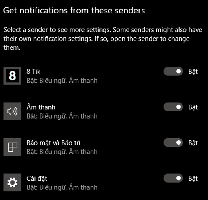 Tại mục Get notifications from these senders, tắt thông báo của 1 số ứng dụng không cần thiết