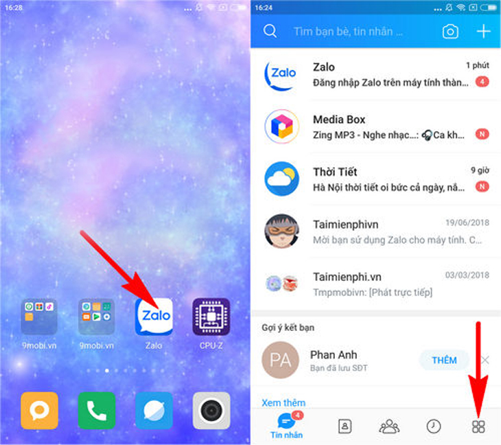Mở Zalo chọn thanh menu bên góc phải màn hình