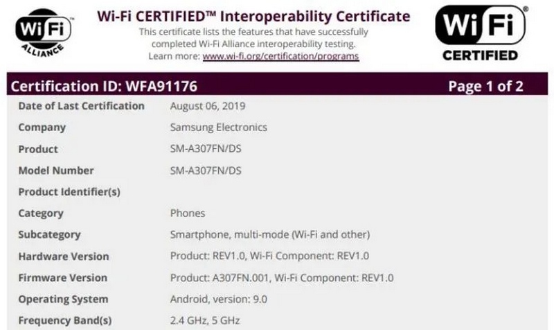 Samsung Galaxy A30s được chứng nhận bởi Wi-Fi Alliance