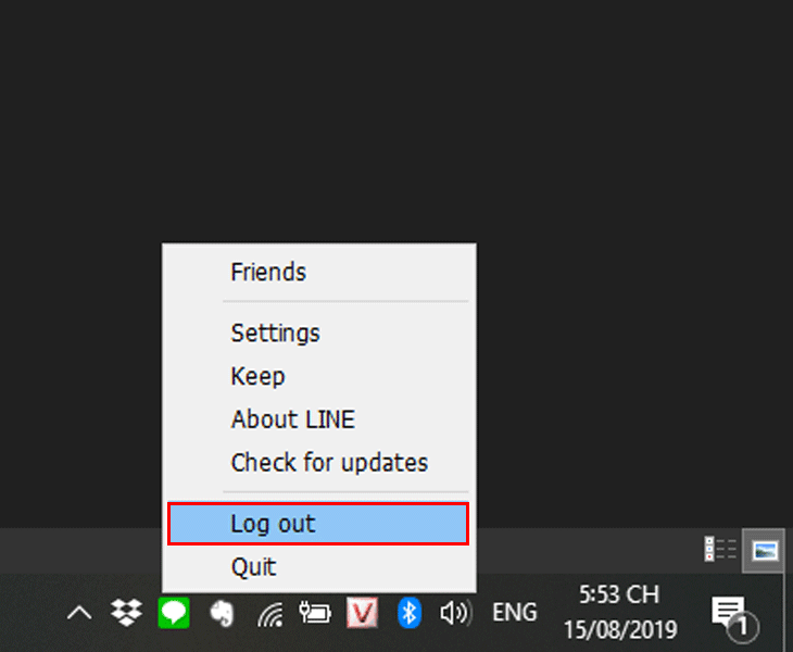 Nháy chuột phải vào biểu tượng LINE trên thanh Taskbar và chọn Log out