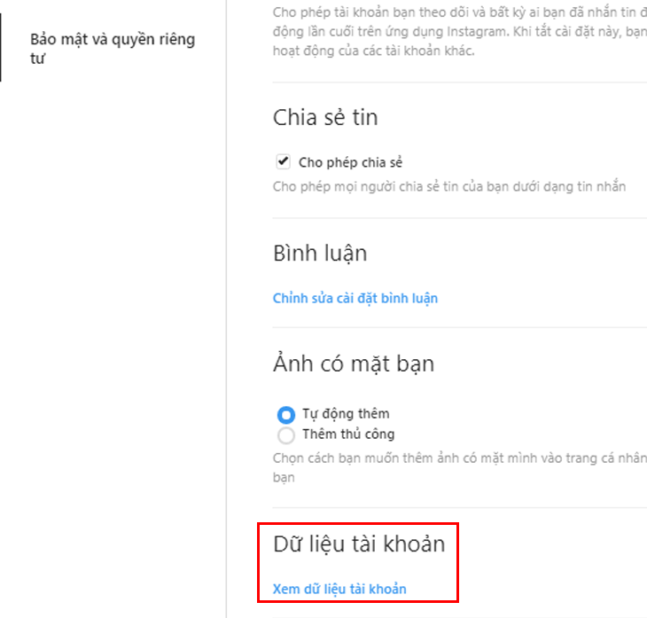 Hướng dẫn cách xoá lịch sử tìm kiếm trên Instagram nhanh chóng > Nhấp vào Quyền riêng tư và bảo mật > Xem dữ liệu tài khoản