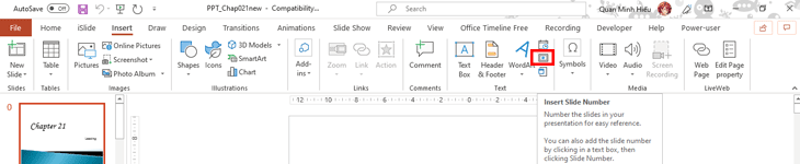 Tại bảng chọn Insert, chọn Insert Slide Number