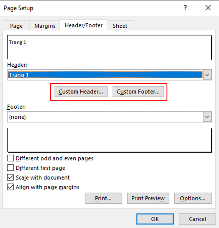 Hướng dẫn cách đánh số thứ tự trang trong Excel khi in > Chọn Custom Header... hoặc Custom Footer... để tuỳ chỉnh đánh số trang chi tiết hơn