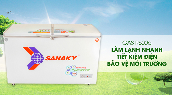 Tủ đông Sanaky Inverter 280 lít VH-4099W3 sử dụng Gas R600a thân thiện môi trường, làm lạnh nhanh.