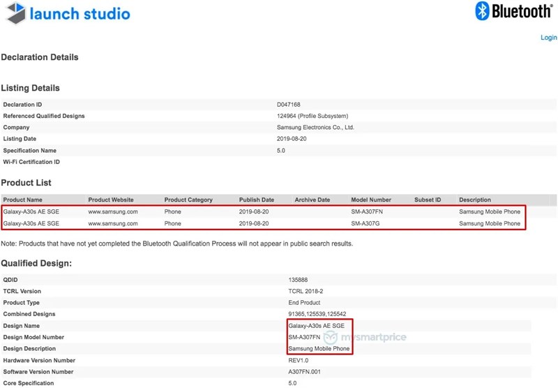 Samsung Galaxy A30s, Galaxy A50s được chứng nhận tại Bluetooth SIG