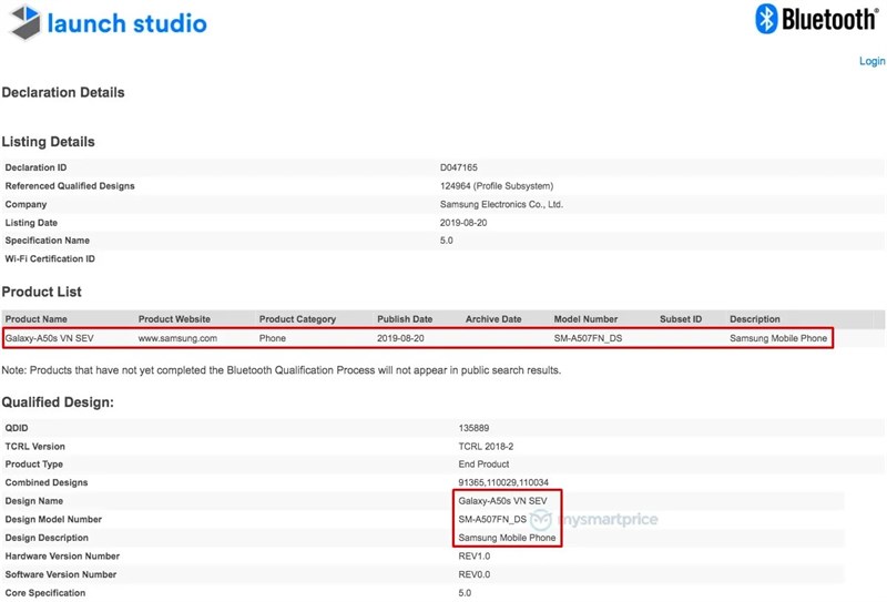 Samsung Galaxy A30s, Galaxy A50s được chứng nhận tại Bluetooth SIG