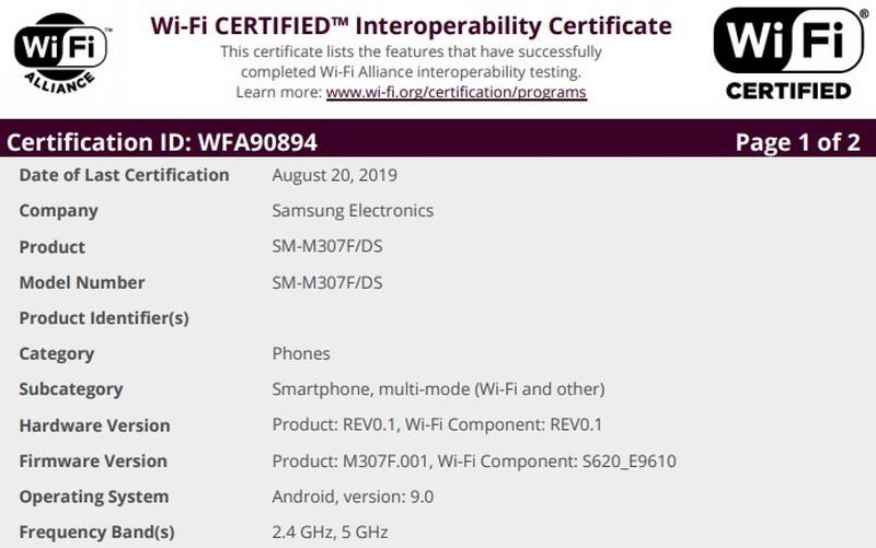 Galaxy M30s pin 6.000 mAh vừa được chứng nhận Wi-Fi