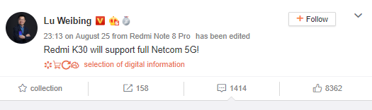 CEO Redmi tiết lộ Redmi K30 sắp ra mắt sẽ hỗ trợ 5G