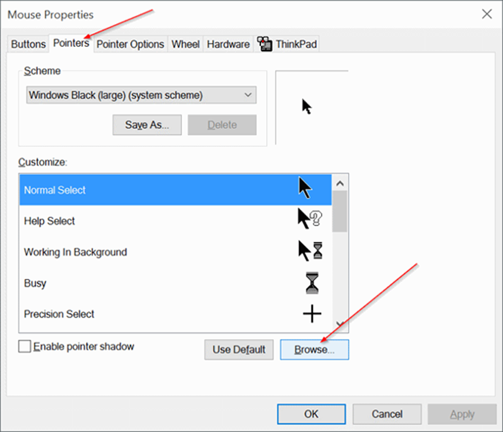 change the custom mouse pointer windows 10