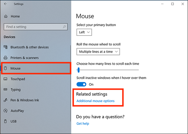 Chọn Additional mouse options