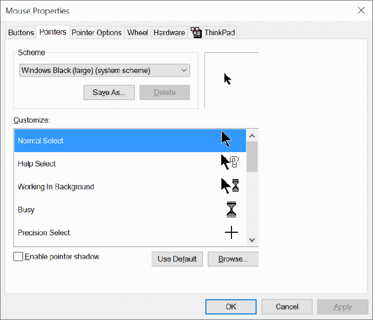 Trong Pointers chọn biểu tượng chuột mới