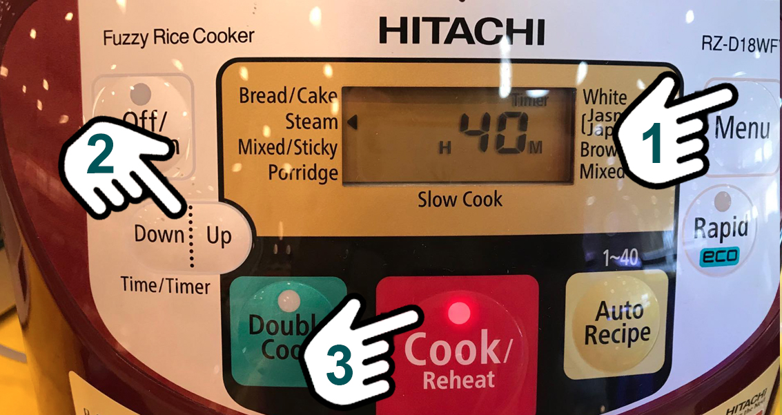 Bấm menu, chọn thời gian, bấm cook để nồi cơm điện tử Hitachi 1.8 lít RZ-D18WFY (RE) tiến hành chế độ hầm