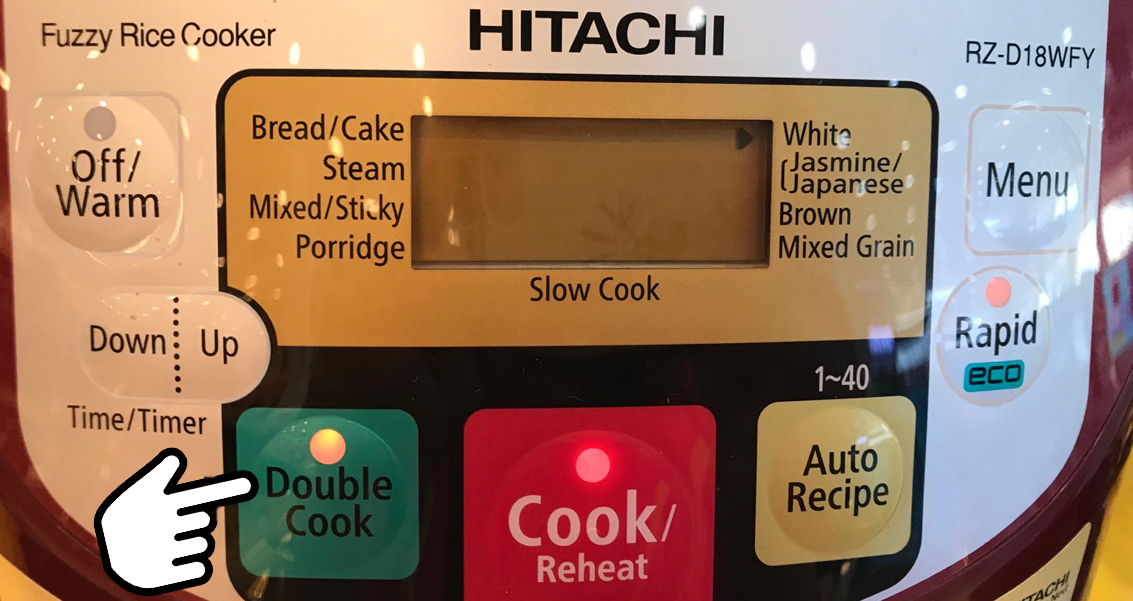 Chỉ cần bấm Double Cook là bạn đã có thể vừa nấu cơm vừa nấu đồ ăn với nồi cơm điện tử Hitachi 1.8 lít RZ-D18WFY (RE)
