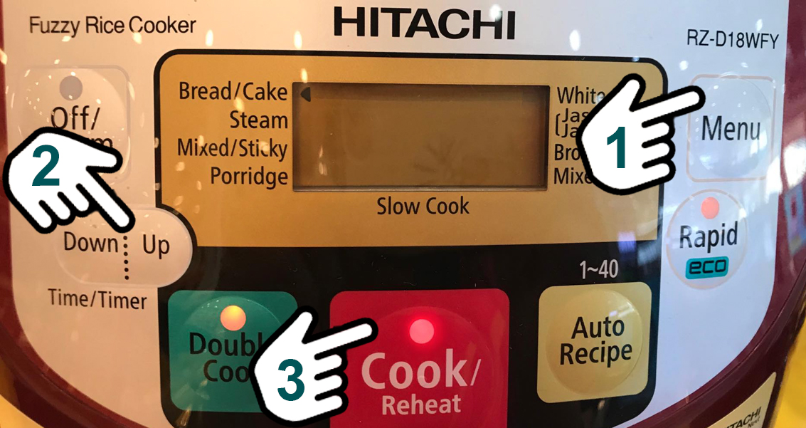 Bấm menu, chọn thời gian, bấm cook để nồi cơm điện tử Hitachi 1.8 lít RZ-D18WFY (RE) tiến hành chế độ làm bánh