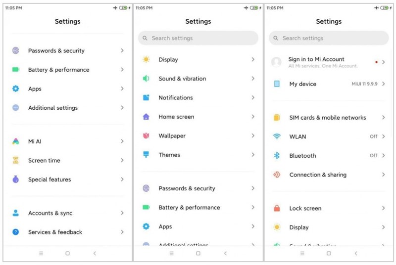 Giao diện menu Cài đặt của MIUI 11